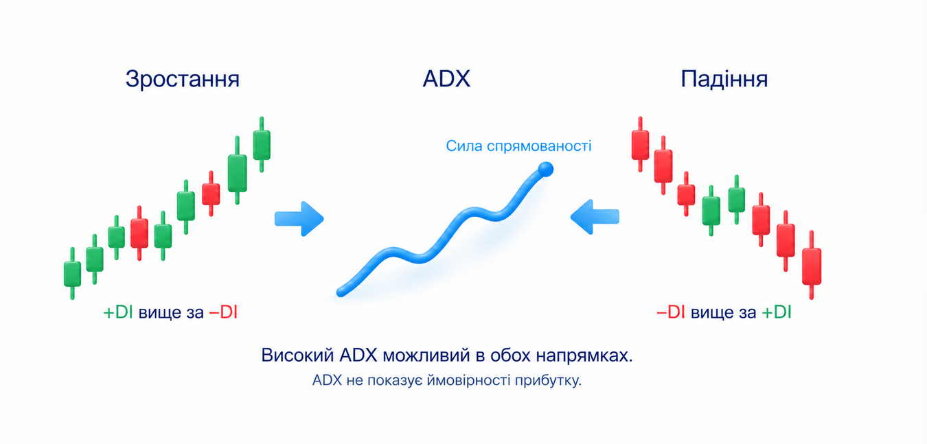 ADX описує силу спрямованості під час зростання й падіння, але не вибирає сторону та не показує ймовірності прибутку