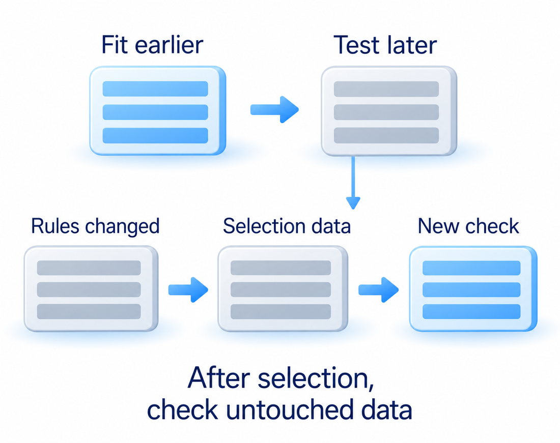 Fit on earlier data and test on later data; changing rules after reviewing the test requires a new independent check, and overlapping periods can cross the boundary.