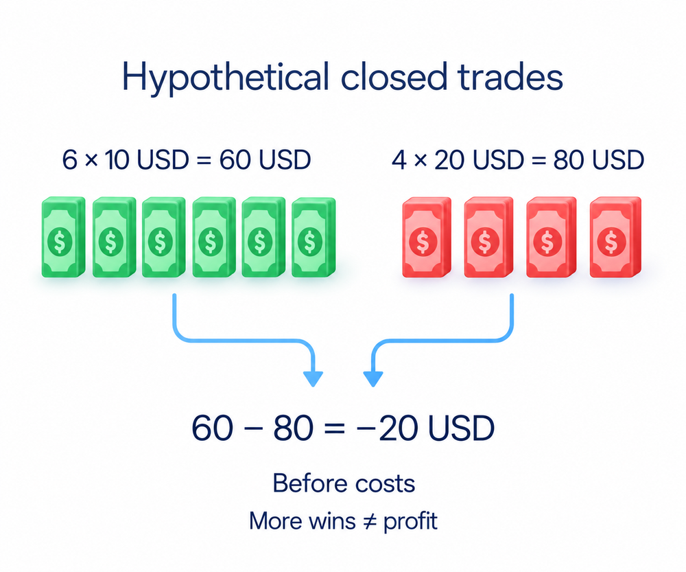 Hypothetical ten-trade arithmetic in USD: six gains of10 and four losses of20 produce a20-dollar loss before costs.