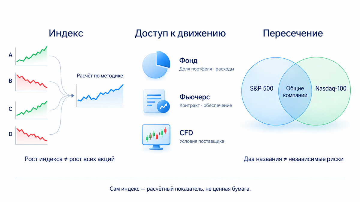 Индекс является расчётным показателем, доступ дают фонд, фьючерс и CFD с разными правами и расходами; рост не означает рост всех акций и составы могут пересекаться