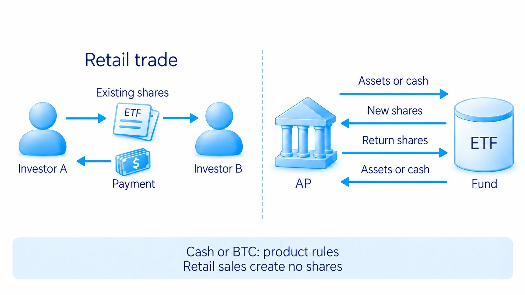 Retail investors sell existing shares on the exchange, while authorized participants create and redeem large baskets under the product's rules.