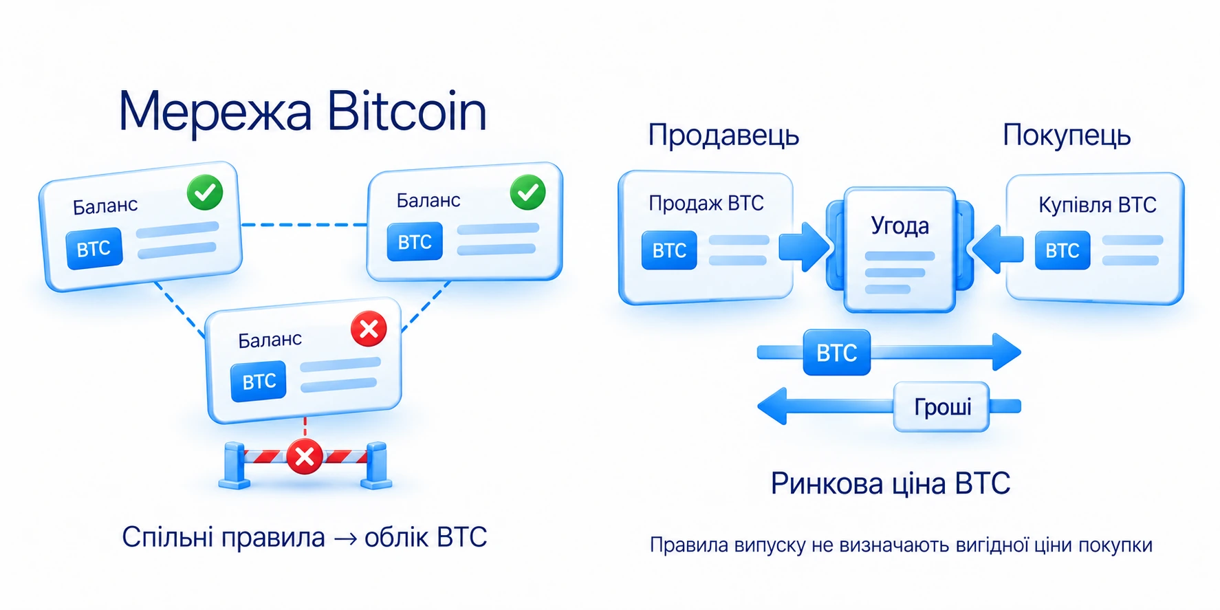 Мережа Bitcoin веде облік BTC за спільними правилами, а покупець і продавець обмінюють BTC на гроші та формують ринкову ціну