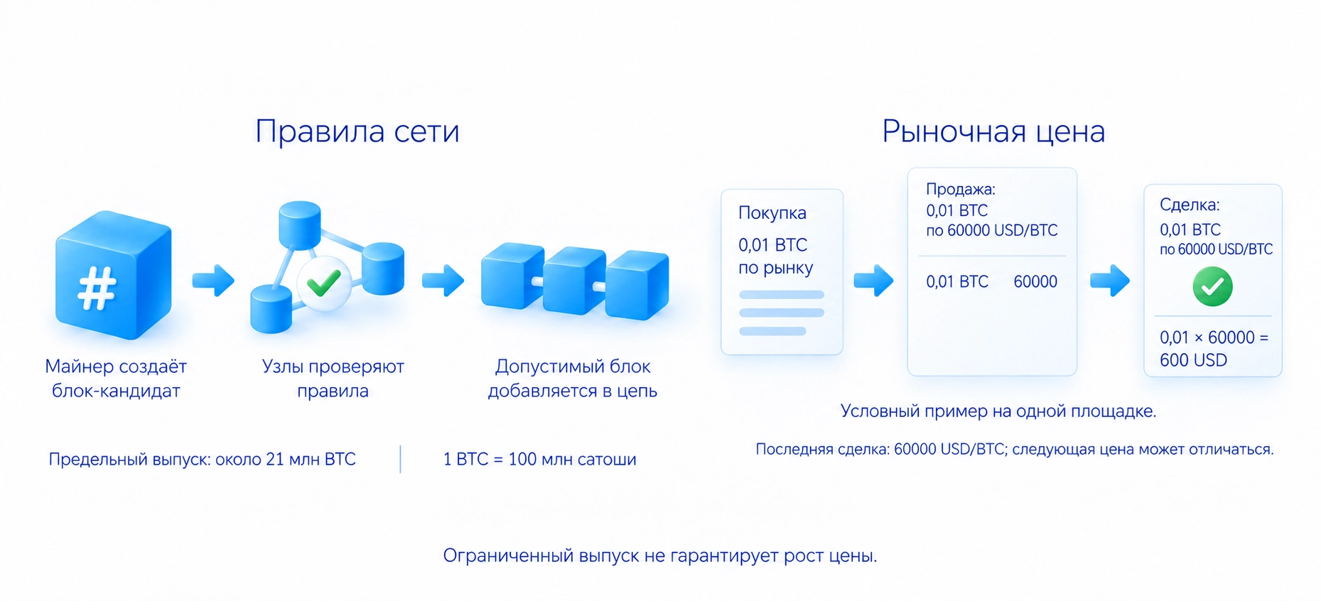 Правила сети Bitcoin и рыночная цена: проверка операций и блокчейн отличаются от спроса, предложения и сделок; ограниченный выпуск не гарантирует рост цены.