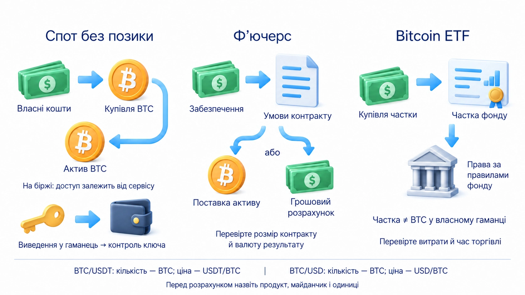 Спот, ф’ючерс і Bitcoin ETF та одиниці ціни у парах BTC/USDT і BTC/USD