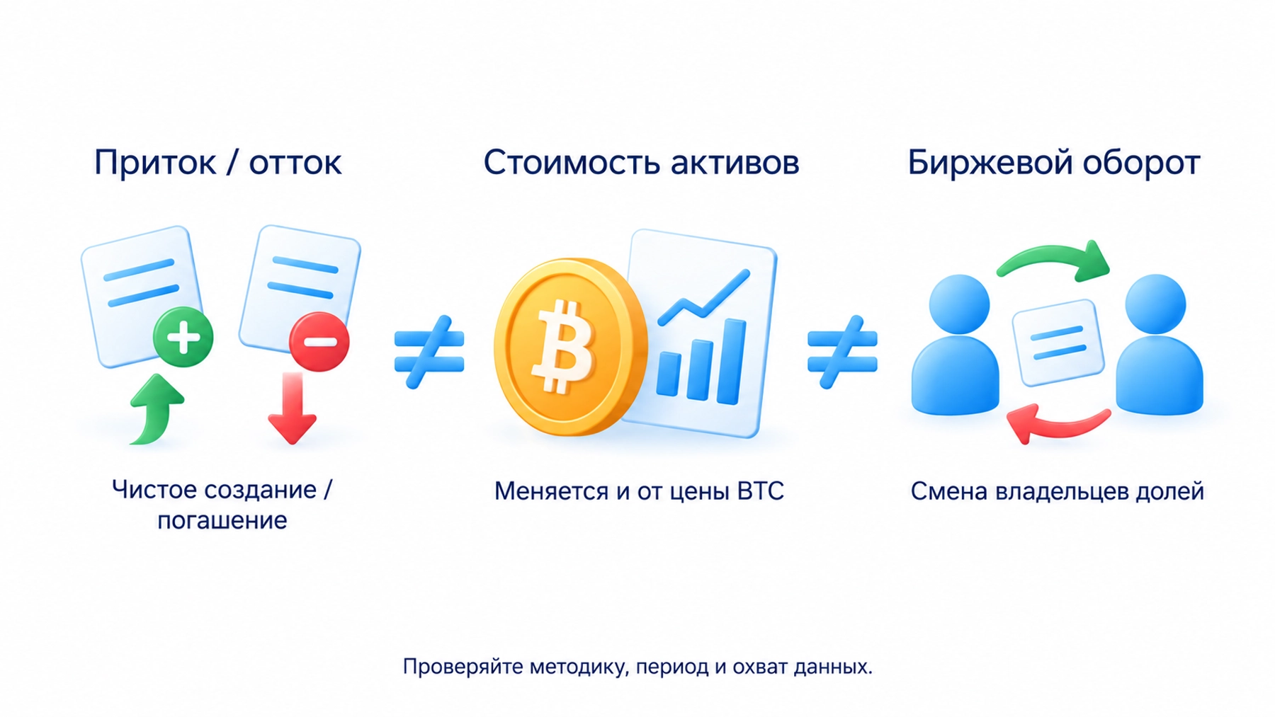 Приток и отток отражают чистое создание или погашение долей. Стоимость активов меняется также с ценой BTC, а биржевой оборот показывает переход долей между инвесторами; методика, период и охват должны совпадать.