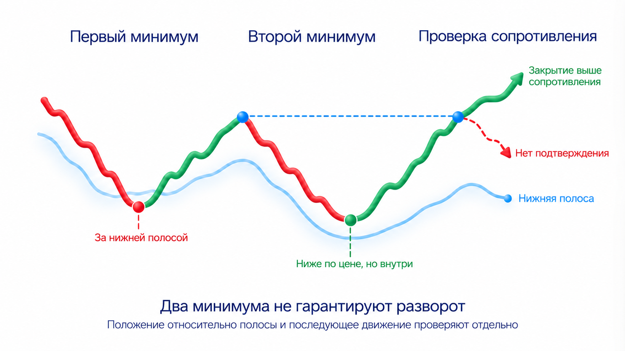 Условная W-модель: первый минимум за нижней полосой, второй более низкий минимум внутри новой полосы и последующее прохождение промежуточного сопротивления.