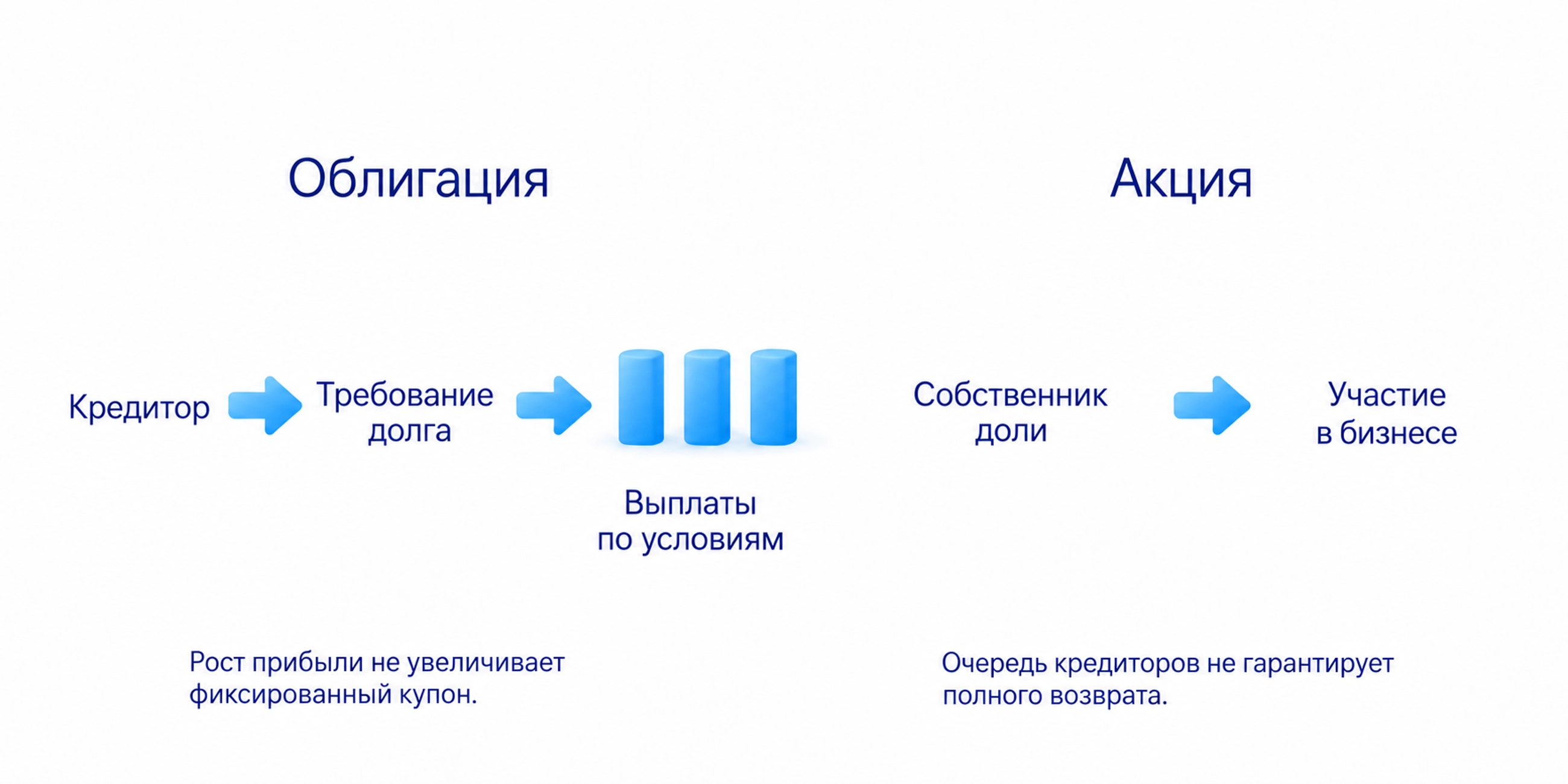 Облигация делает покупателя кредитором, акция даёт долю в компании; рост прибыли не увеличивает фиксированный купон, очередь кредиторов не гарантирует полного возврата