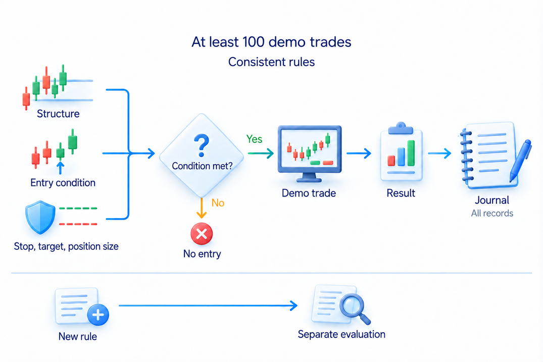 At least 100 demo trades under consistent rules, with entry conditions, stop, target, position size and every result recorded; evaluate new rules separately