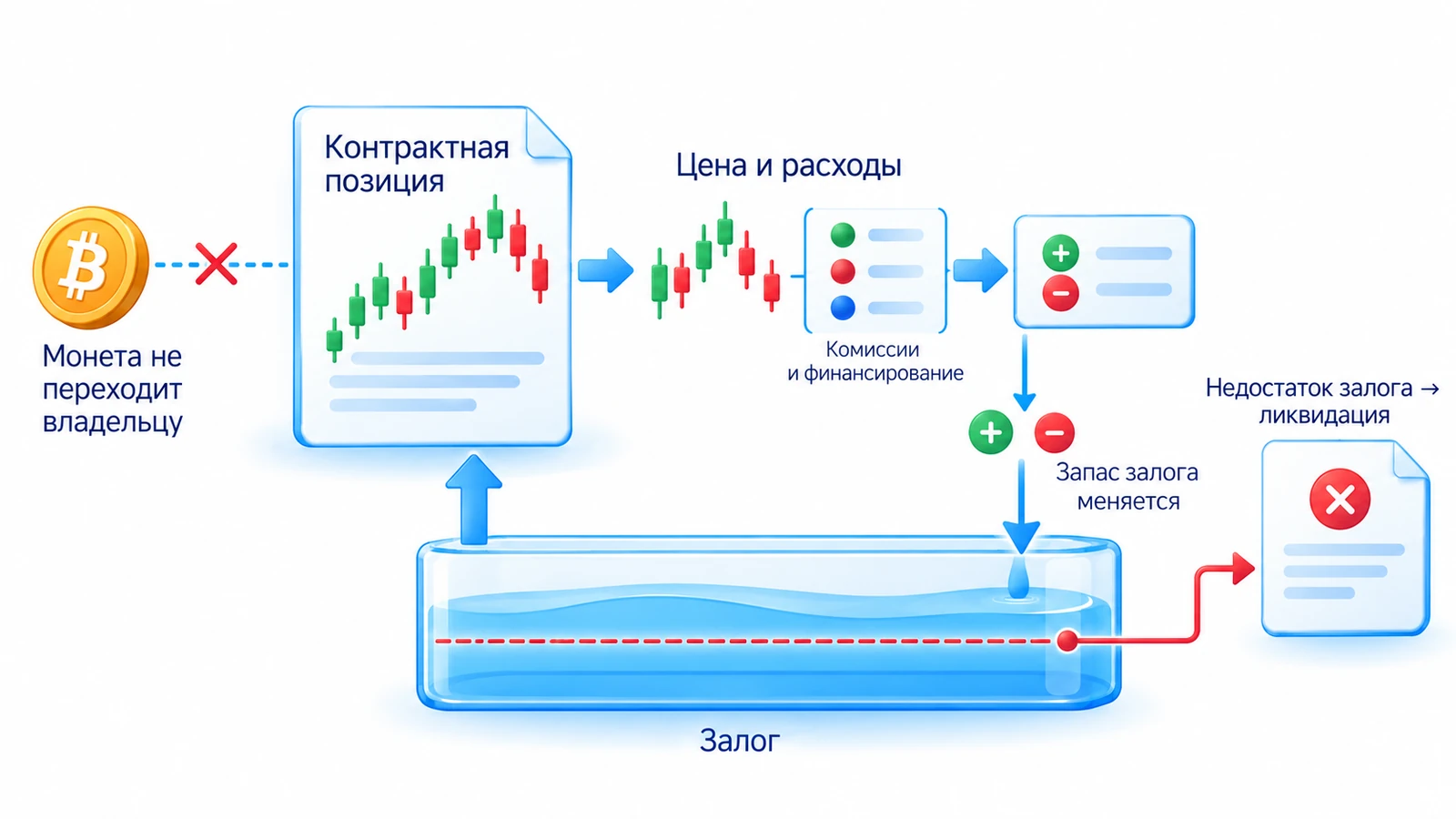 Бессрочный фьючерс: залог обеспечивает контрактную позицию; движение цены и расходы меняют результат и запас залога, недостаток которого может привести к ликвидации.