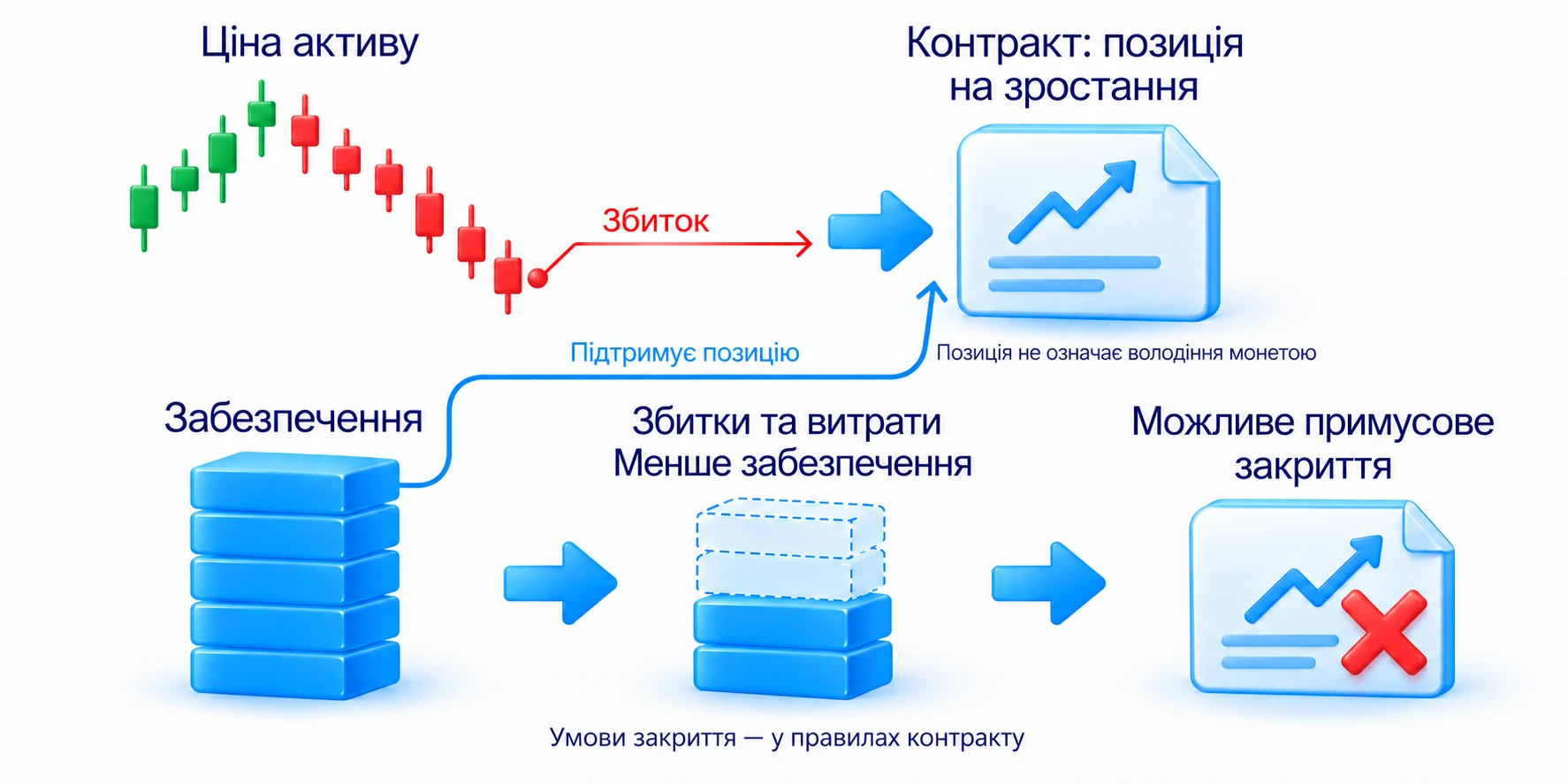 Позиція на зростання залежить від ціни контракту; збитки та витрати зменшують забезпечення й можуть привести до примусового закриття без володіння монетою