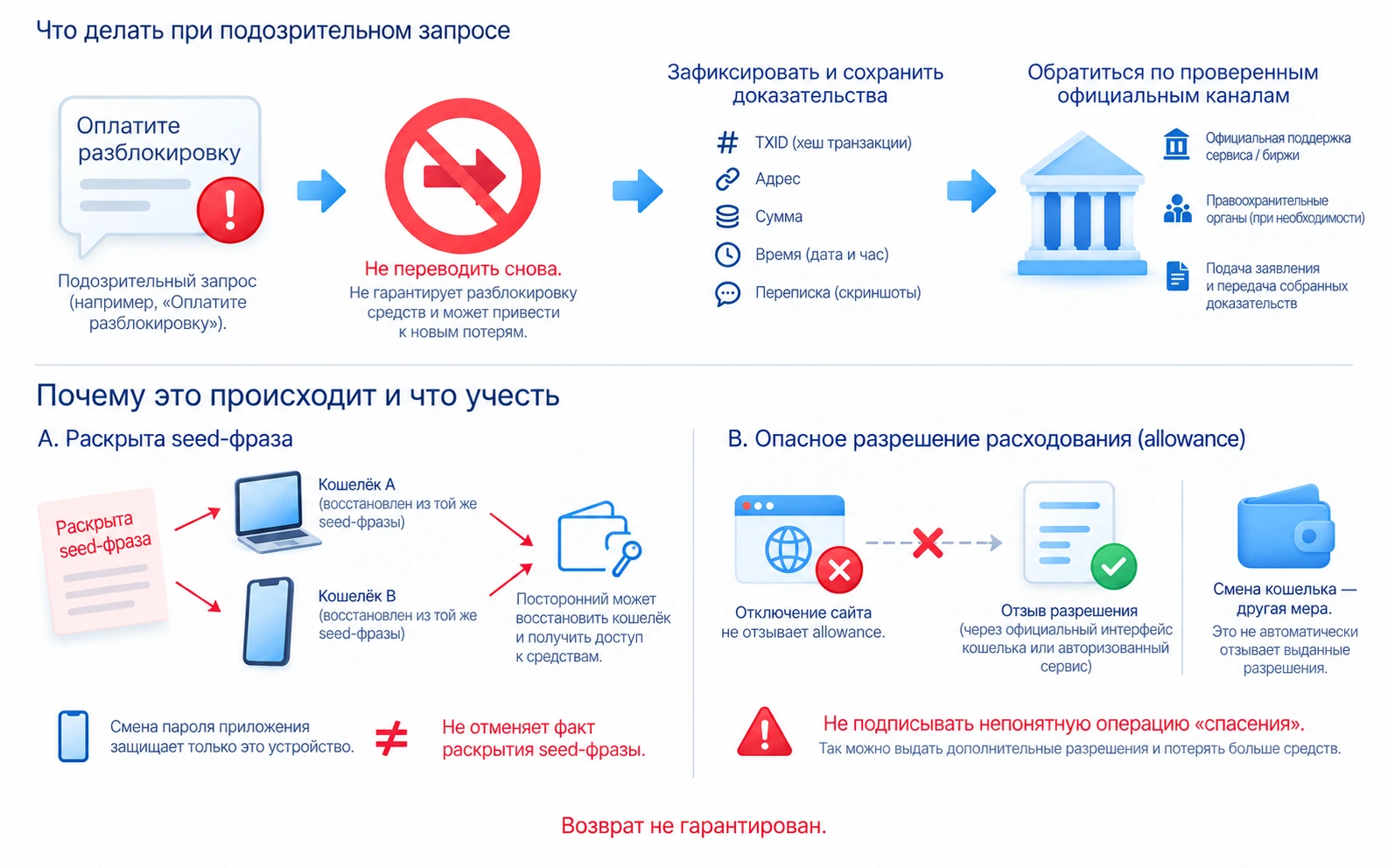 При подозрении на обман прекращают новые переводы, сохраняют доказательства и обращаются официально; раскрытая seed-фраза не защищается сменой пароля, отзыв разрешения и смена кошелька различаются