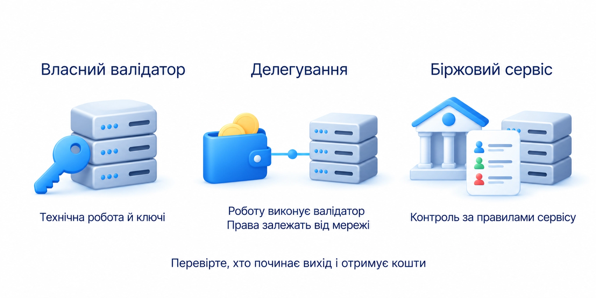 Власний валідатор, делегування та біржовий сервіс мають різні технічні обов’язки й права виведення