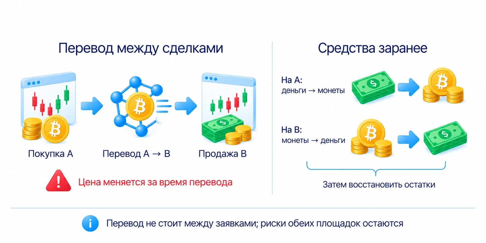 Два маршрута межбиржевого арбитража: перевод между сделками и заранее размещённые средства