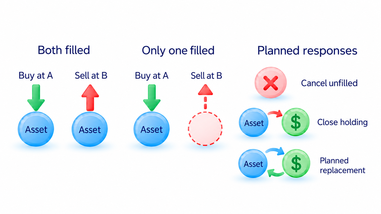 Three alternative responses to plan if only one side fills: cancel the unfilled order, close the holding or use a planned replacement trade.