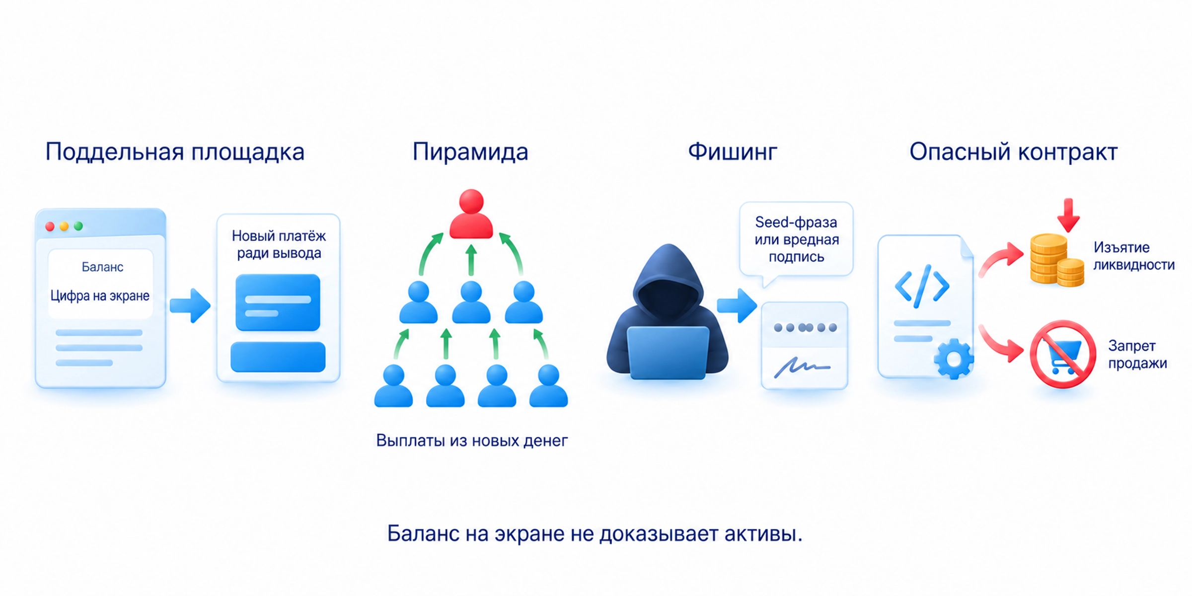 Поддельная площадка требует новый платёж ради вывода, пирамида платит из денег новых участников, фишинг крадёт seed-фразу или подпись, опасный контракт допускает изъятие ликвидности или запрет продажи