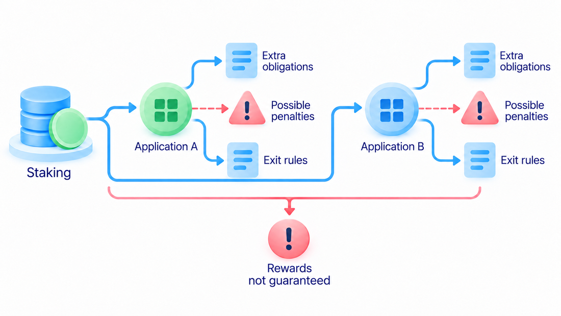 Restaking uses already committed funds to support additional applications with added penalties, exit conditions and possible losses.