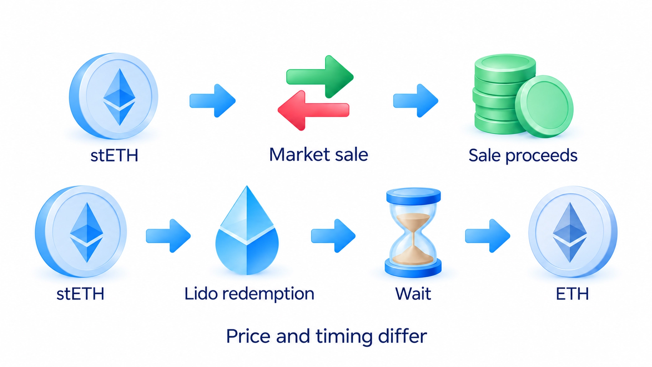 Selling a liquid staking token on a market and redeeming the underlying coins are distinct exit routes with different prices and conditions.