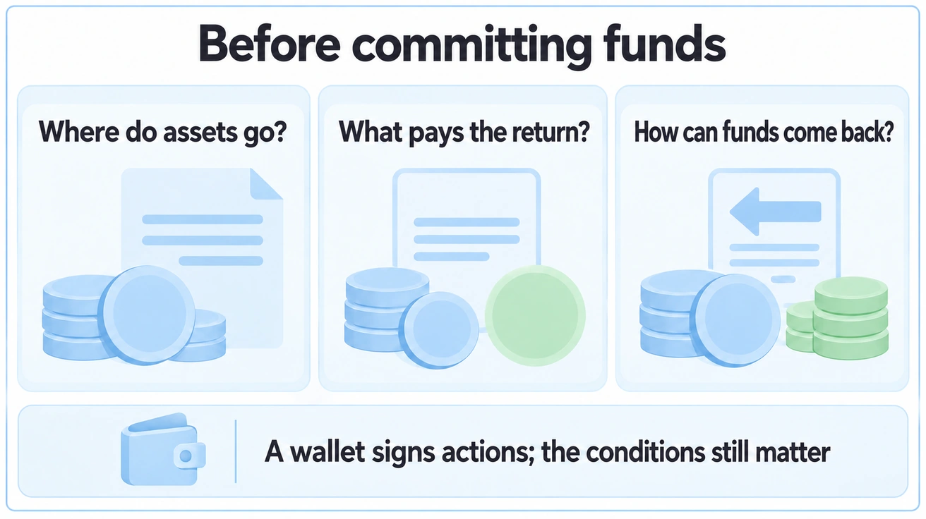 Before committing funds to DeFi, check where assets go, what pays the return and how funds can return; a wallet signature does not remove the conditions.