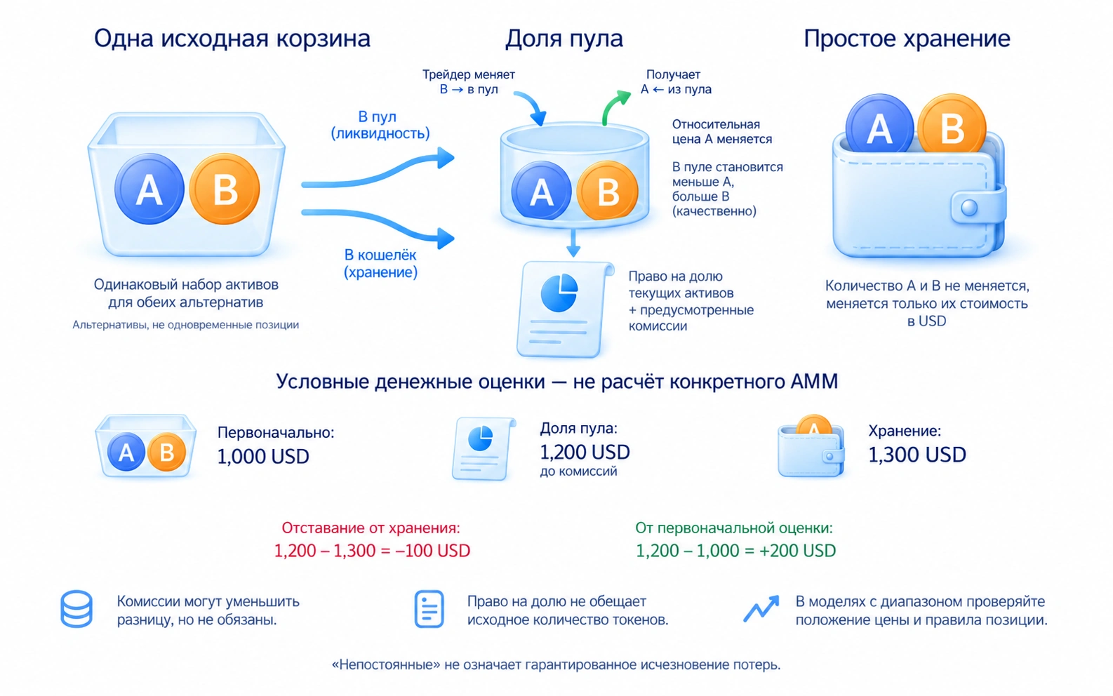 Доля пула меняет количество токенов и может отстать по стоимости от хранения исходных токенов; комиссии не обязаны компенсировать разницу