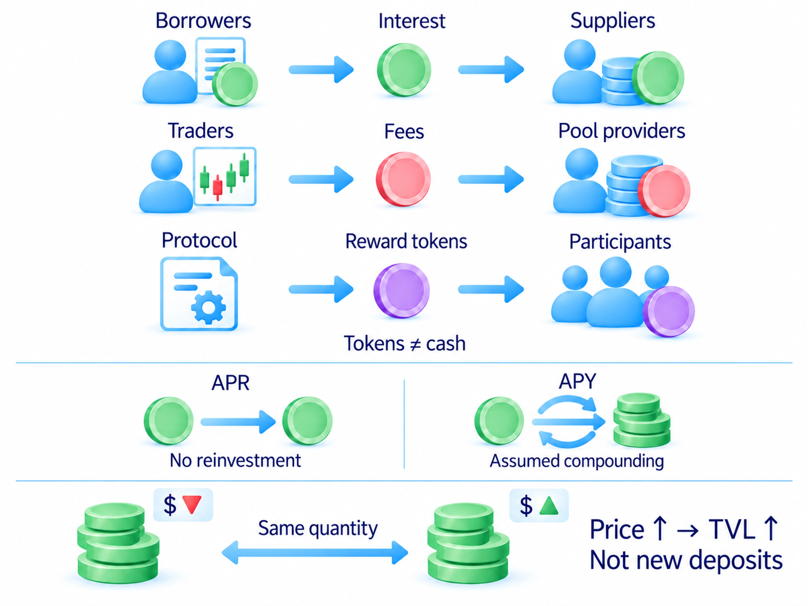 Payments can come from borrowers interest, trading fees or reward tokens; APR normally excludes reinvestment while APY assumes compounding.