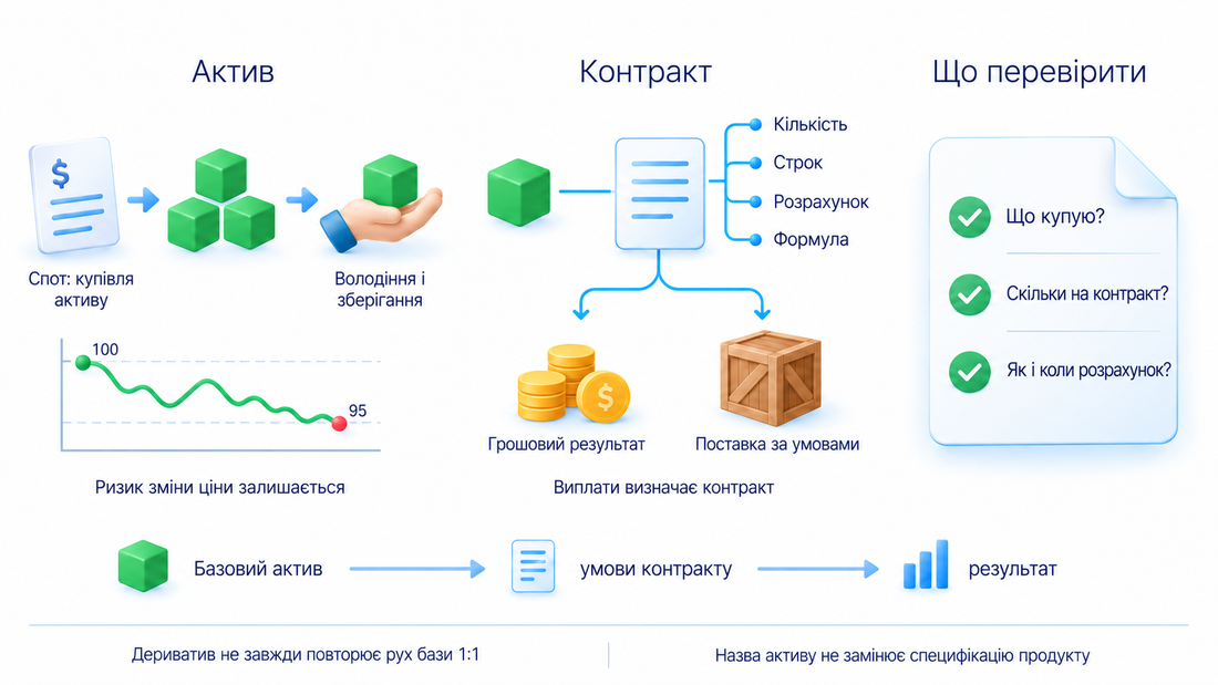 Спотова купівля стосується самого активу, дериватив є контрактом; результат визначають умови