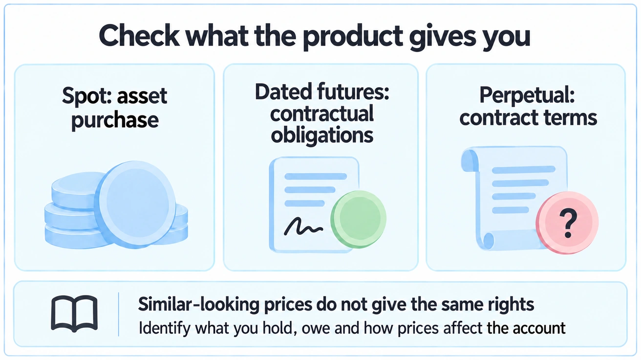 Spot purchases an asset, dated futures create contractual obligations and perpetuals have their own contract terms; similar prices do not give the same rights.