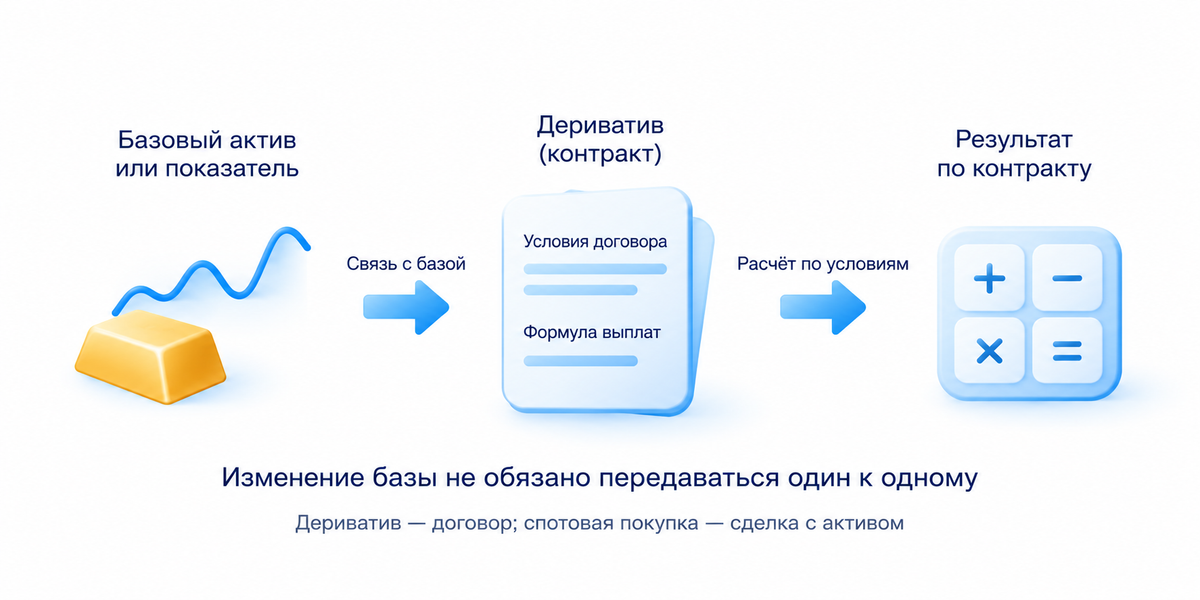 Актив и производный контракт: Базовый актив или показатель; Контракт: формула выплат и условия. Дериватив не обязан повторять изменение один к одному