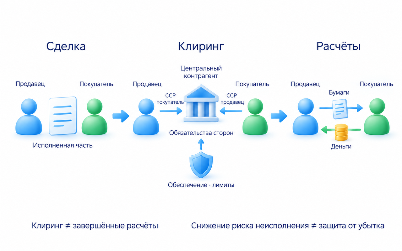 Клиринг определяет обязательства, расчёты их выполняют; центральный контрагент становится покупателем для продавца и продавцом для покупателя.