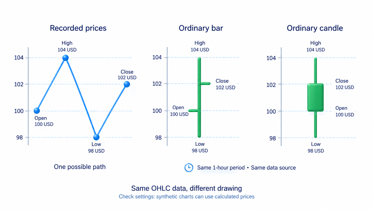 Ordinary bar and candle display identical open high low and close with different shapes; check settings
