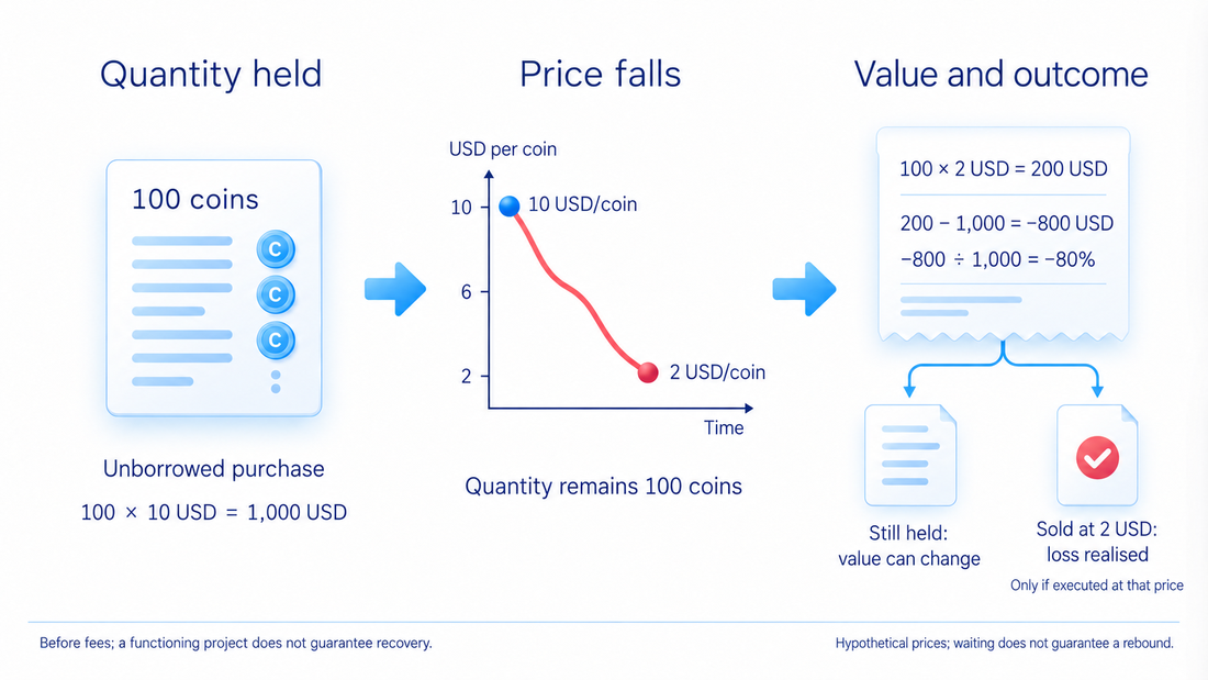 Hypothetical unborrowed purchase: 100 coins at USD 10 fall to USD 2 each, reducing value from USD 1,000 to USD 200, an 80% decline before fees; waiting does not guarantee recovery.