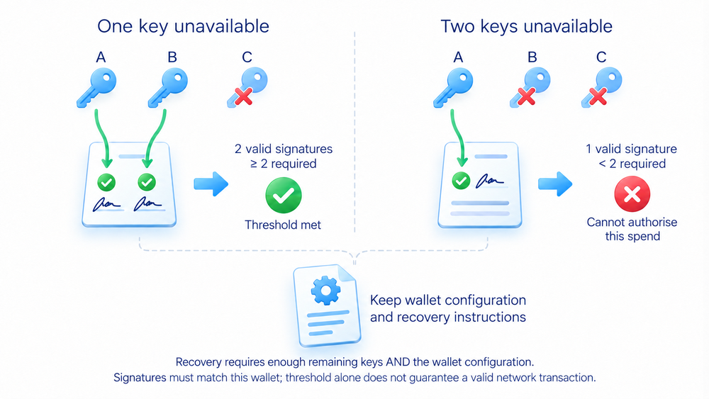 Two of three signing keys required; access after a lost key depends on enough remaining keys and wallet configuration