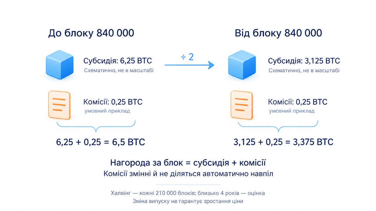 Блок 840 000; Субсидія за блок; 6,25 BTC → 3,125 BTC; Нагорода = субсидія + комісії; Комісії не скорочуються автоматично