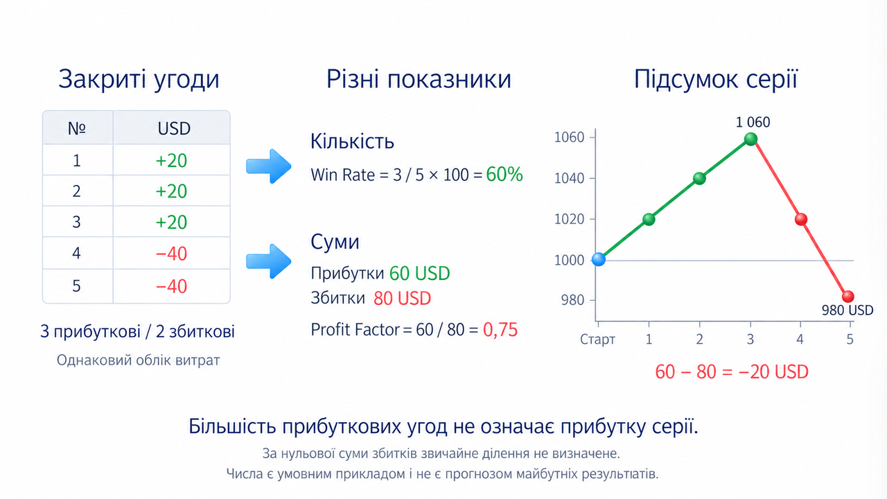 Умовний звіт; однаковий облік витрат; Прибутки; Збитки; 3 × 20 USD = 60 USD; 2 × 40 USD = 80 USD; Profit Factor: 60 ÷ 80 = 0,75; Win Rate: 3 ÷ 5 × 100 = 60%; Підсумок: 60 − 80 = −20 USD