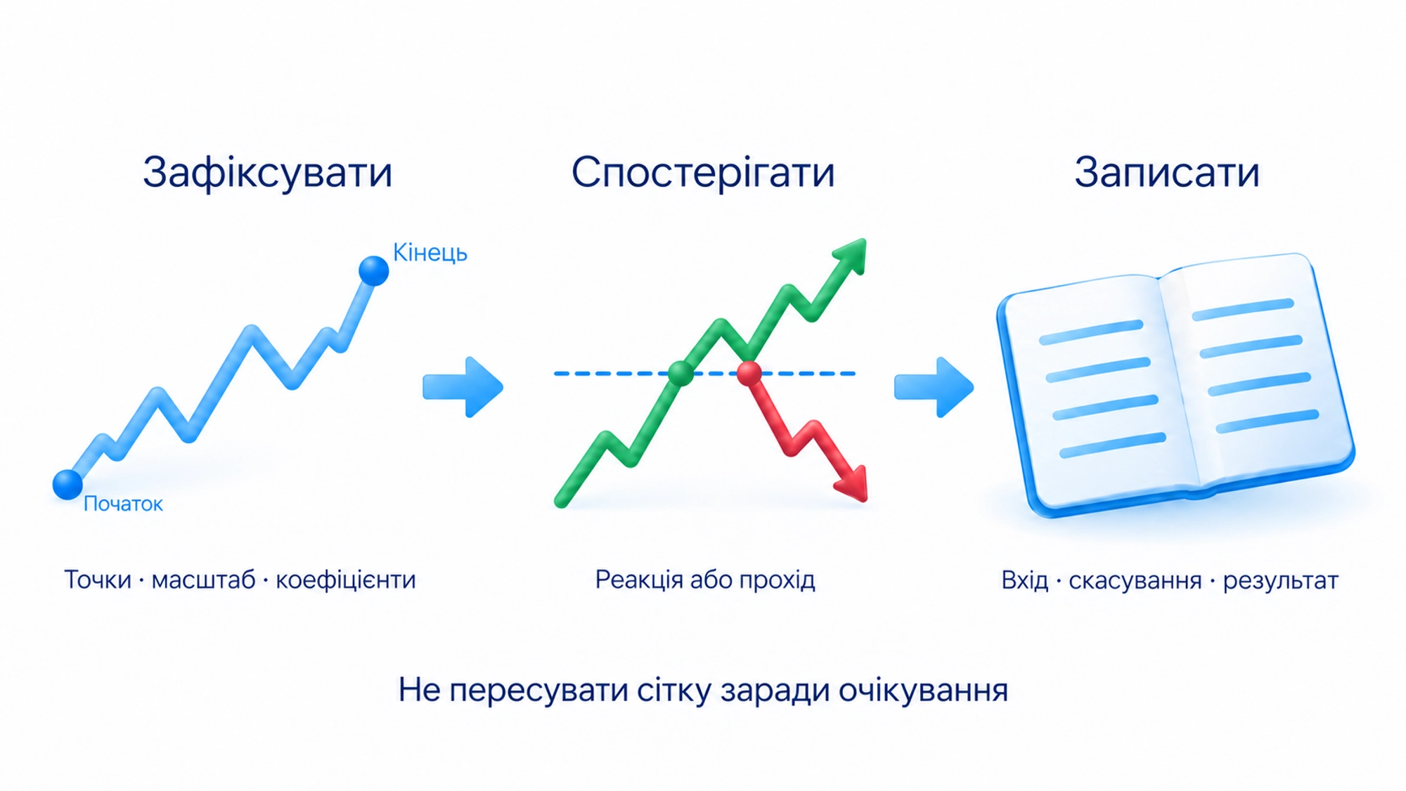 Зафіксувати точки, масштаб і коефіцієнти; Визначити реакцію, вхід і скасування; Записати і реакцію, і прохід без зупинки; Не пересувати сітку заради очікування