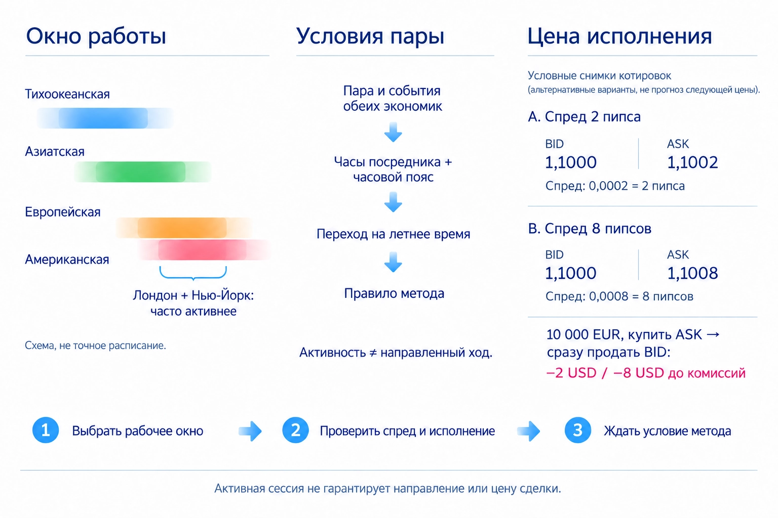 Тихоокеанская, азиатская, европейская и американская сессии; пересечение Лондона и Нью-Йорка часто активно, но не гарантирует движения, важны пара, новости и часы посредника