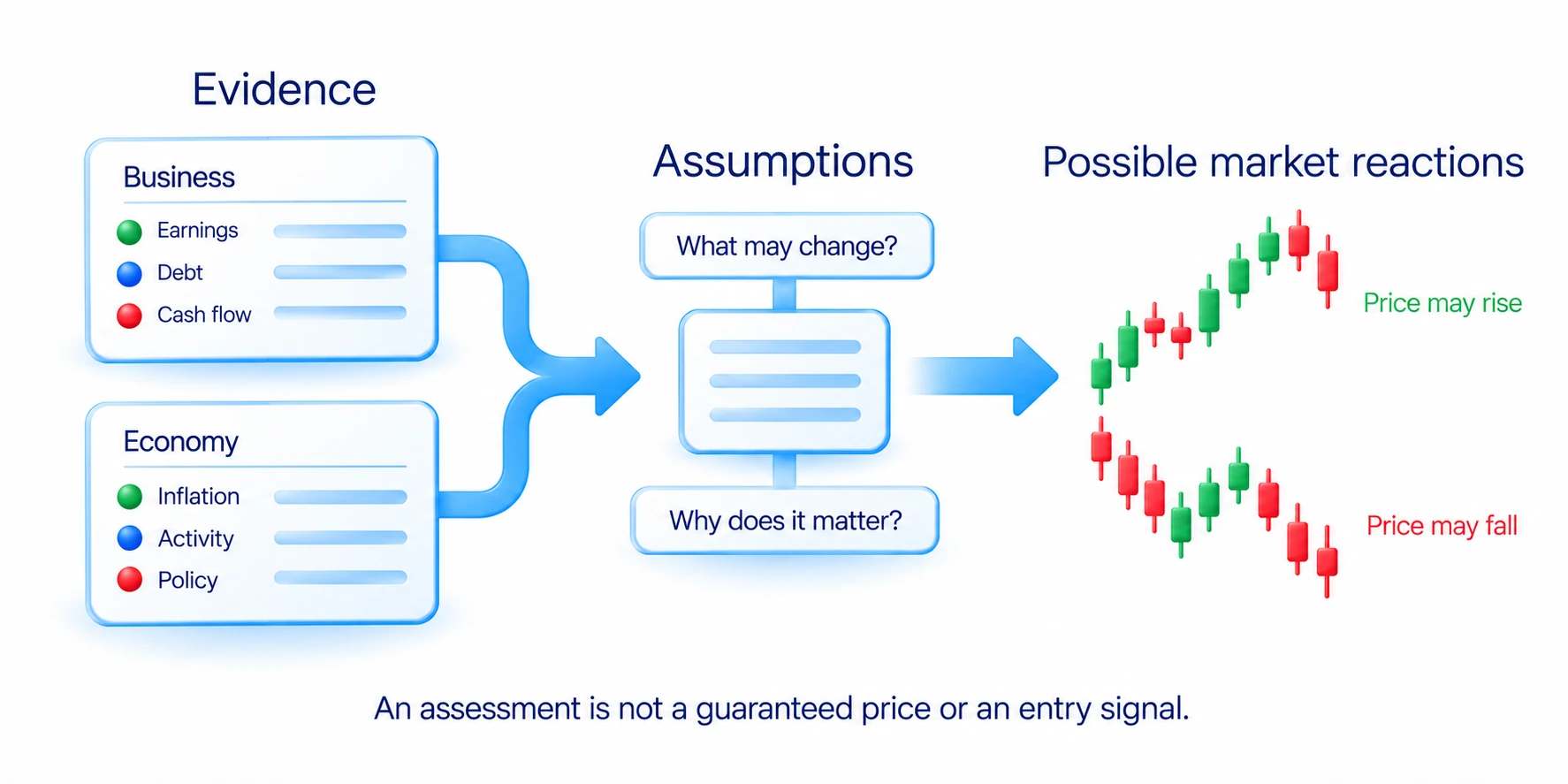 Business and economic evidence feed an assessment based on assumptions; product and risk still require a separate decision.