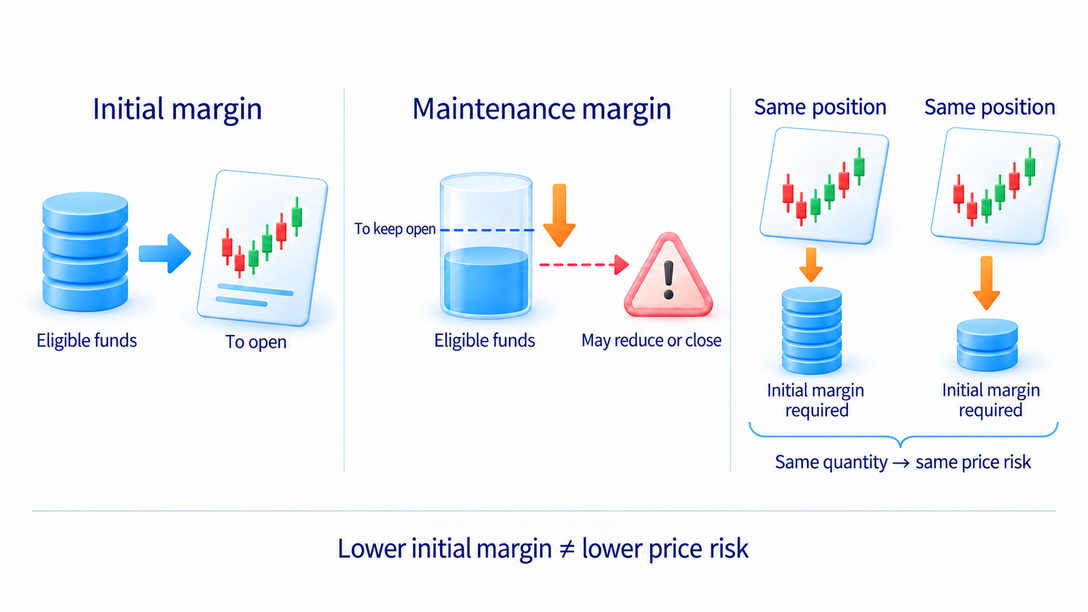 Initial margin opens a futures position; falling below maintenance margin may cause it to be reduced or closed. Lower initial margin for the same position does not lower price risk.