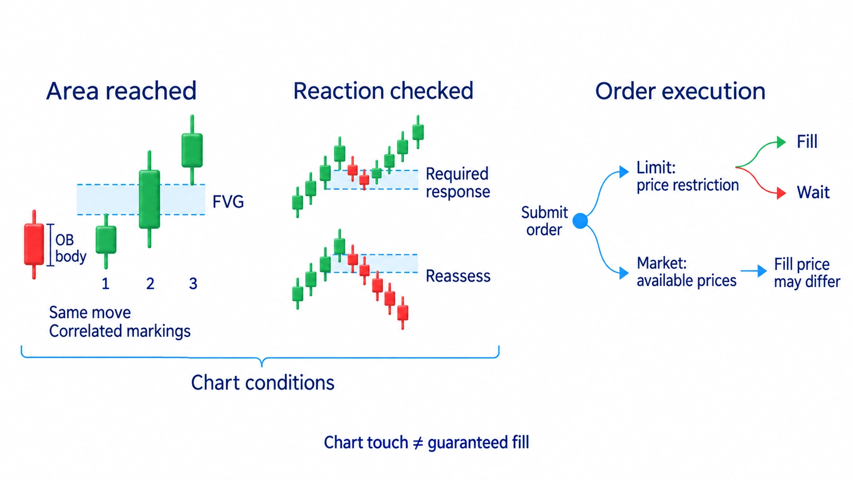Reaching the area and observing a required reaction are chart conditions; order execution is separate and not guaranteed