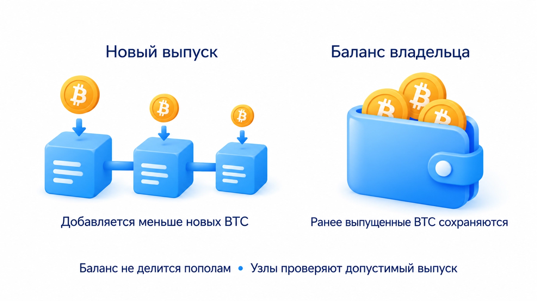При халвинге выпуск новых BTC замедляется, а баланс уже выпущенных монет владельца не делится пополам
