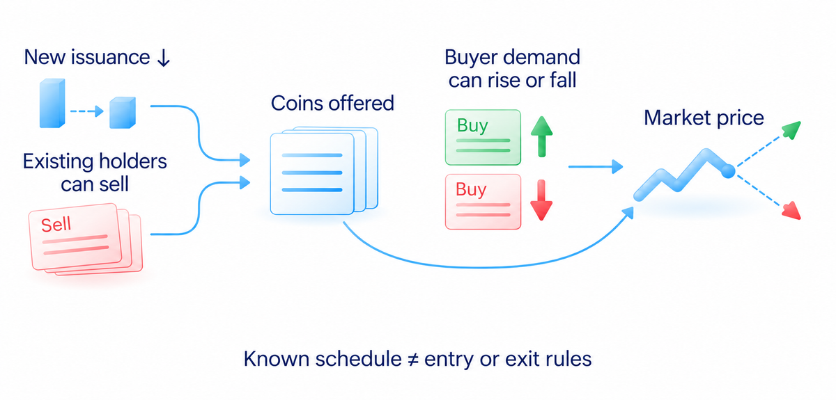Bitcoin's market price depends on buyers and sales of existing coins as well as new issuance, so halving does not guarantee a price rise.
