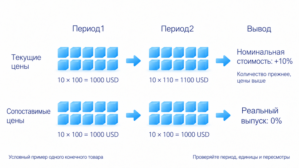 Номинальный ВВП в текущих ценах и реальный ВВП с учётом изменения цен; квартальный годовой темп и сравнение с тем же кварталом прошлого года имеют разные основания.