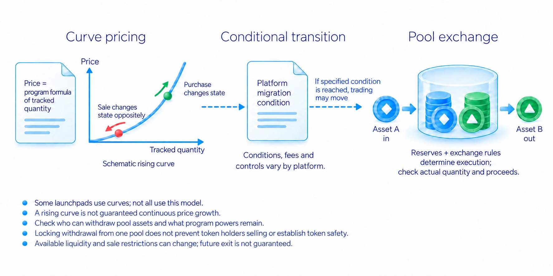 Some platforms price through a bonding curve and may move trading to a pool after a specified condition; each program's pricing and withdrawal rules require checking.