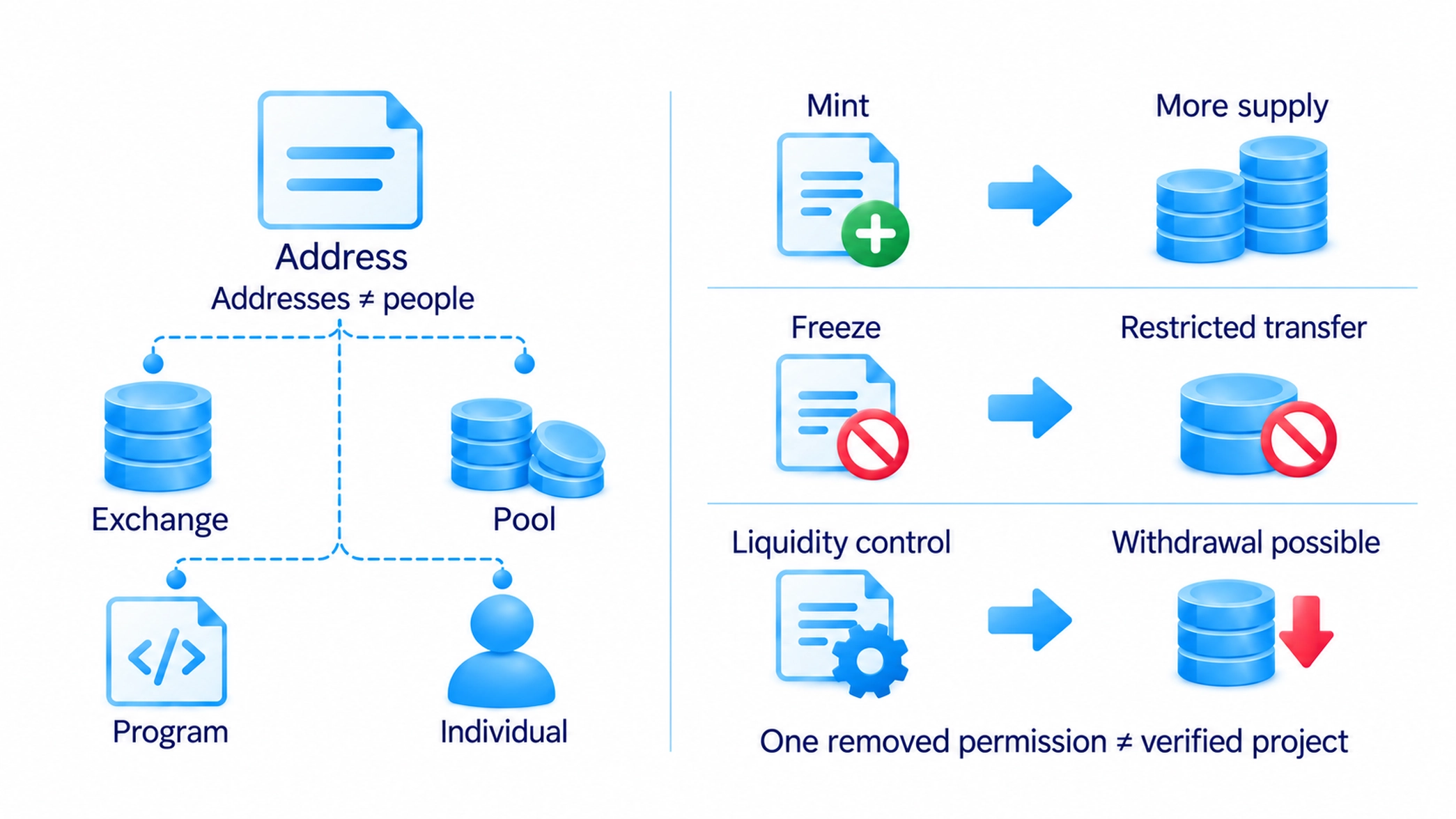 Address purpose and sale availability matter; issuance and transfer powers depend on the program, and removing one permission does not verify everything.