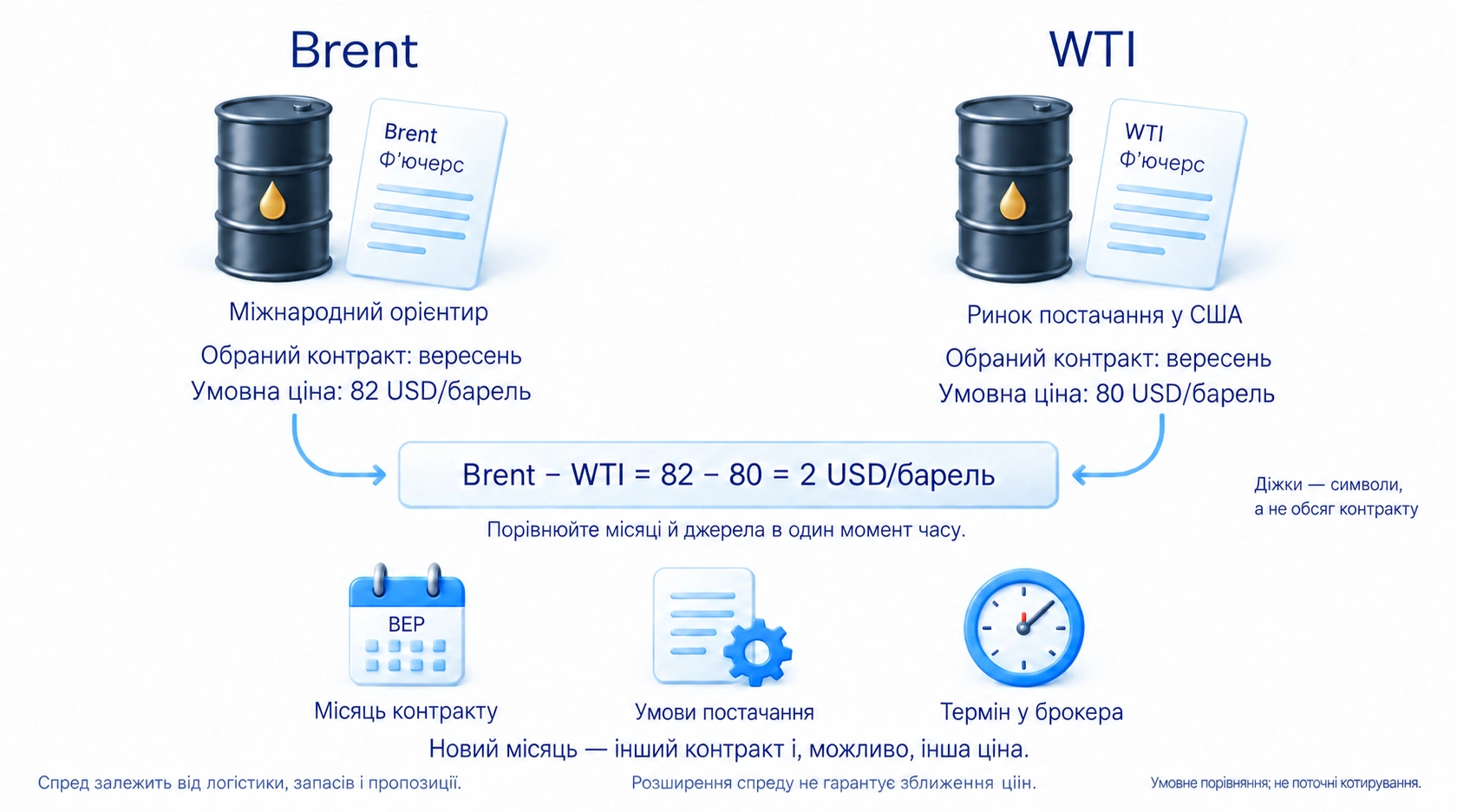Умовне порівняння вересневих ф’ючерсів Brent 82 і WTI 80 USD за барель: спред 2 USD; перевіряють строк і умови поставки