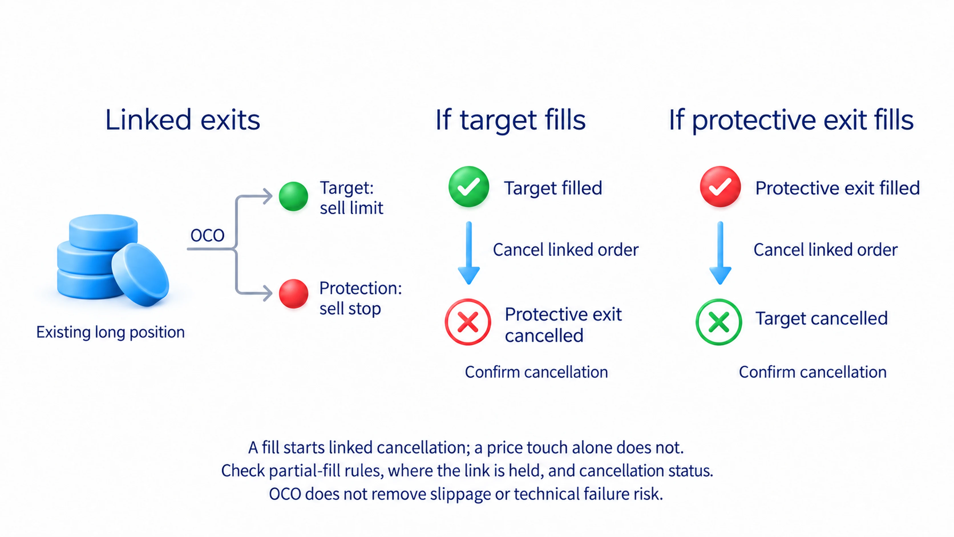 OCO links a profit target and protective exit while requiring partial-fill and cancellation checks