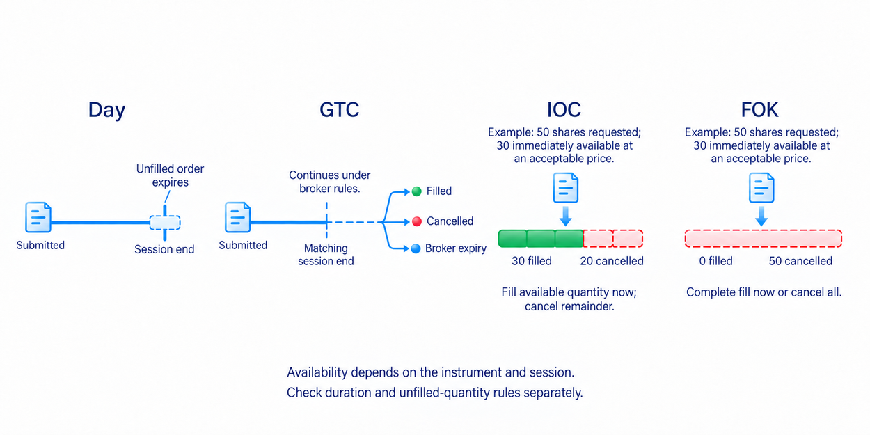 Day, GTC, IOC and FOK use different duration and remaining-quantity instructions