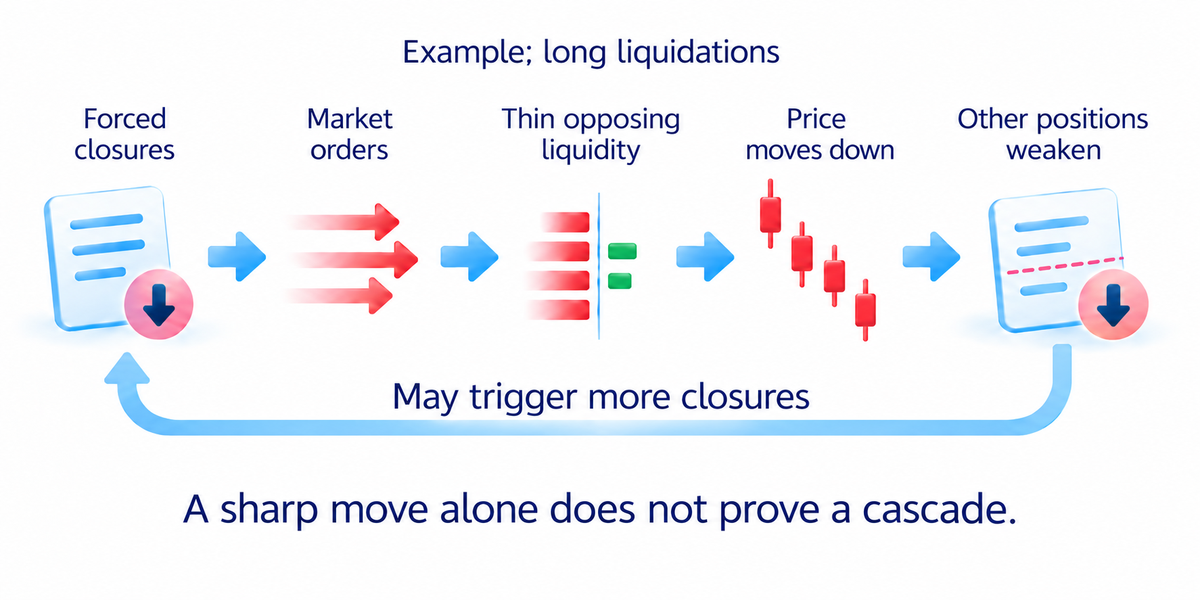 Conditional liquidation cascade from forced closures, available orders and effects on other positions.