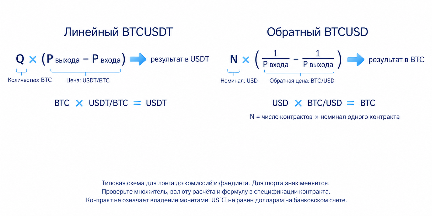 Линейный BTCUSDT: количество в BTC и результат в USDT; обратный контракт: долларовый номинал и расчёт в BTC