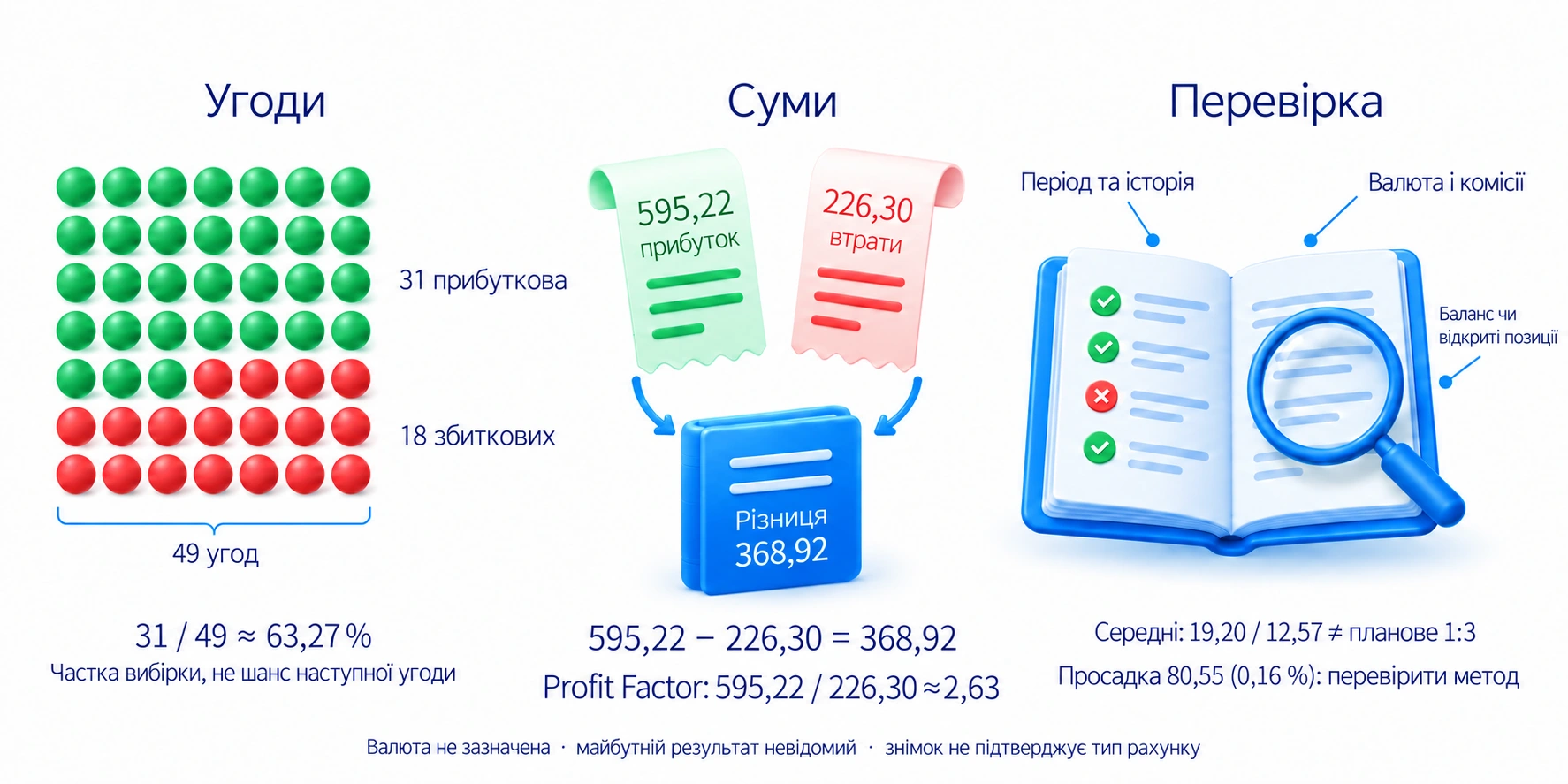 Частка прибуткових угод 31 із 49 та фактор прибутку 595,22 поділено на 226,30; валюта рахунку не зазначена, майбутній результат невідомий