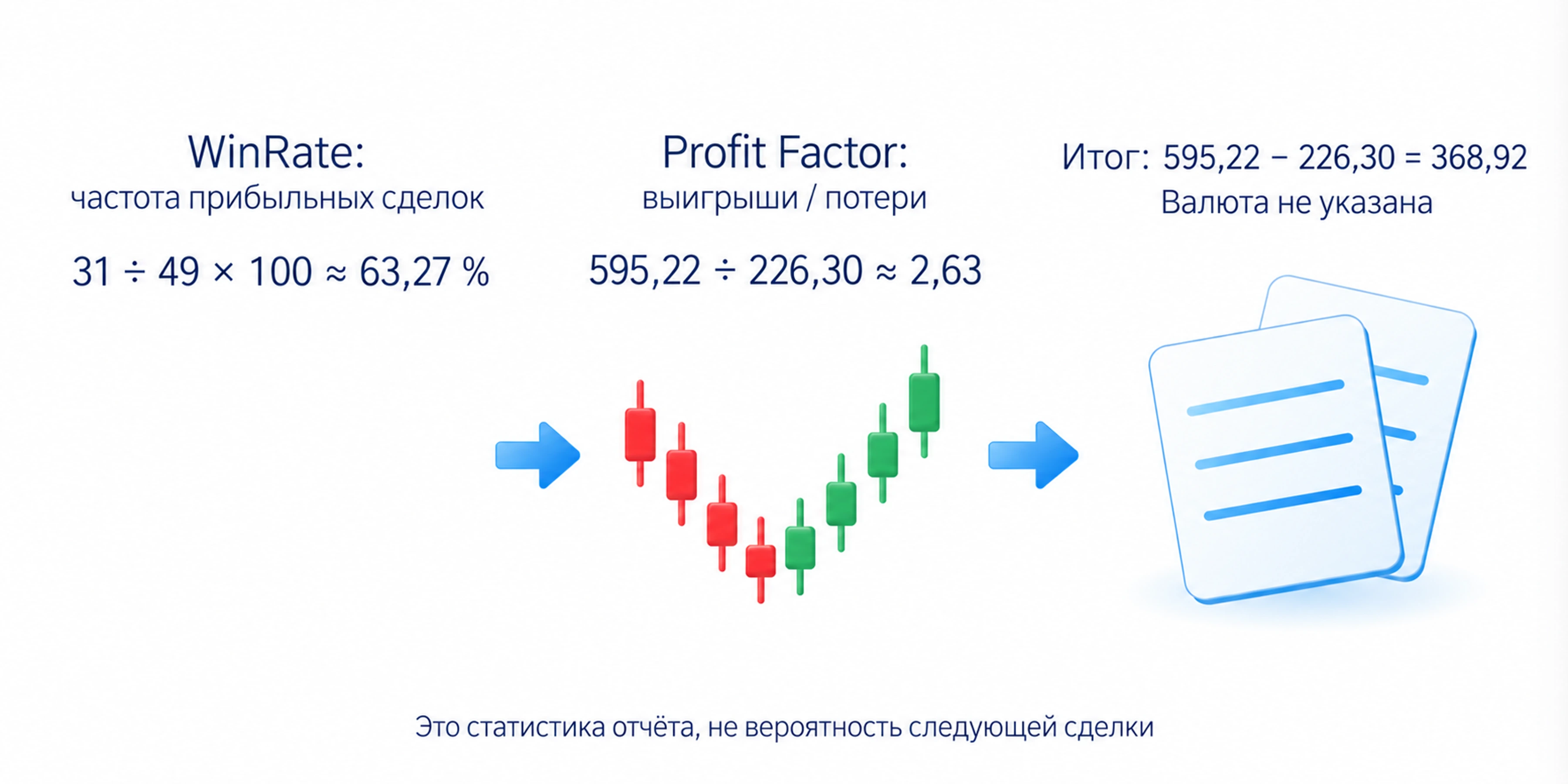 По отчёту 31 из 49 сделок дают винрейт 63,27%; отношение 595,22 к 226,30 даёт Profit Factor 2,63, разность сумм — 368,92.